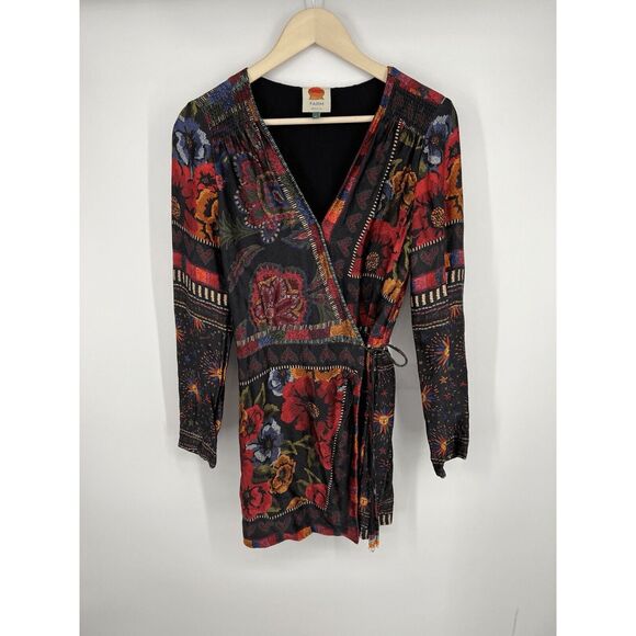 FARM Rio Dresses & Skirts - Farm Rio Mixed Scarves Printed Mini Wrap Black Boho Dress Size Small